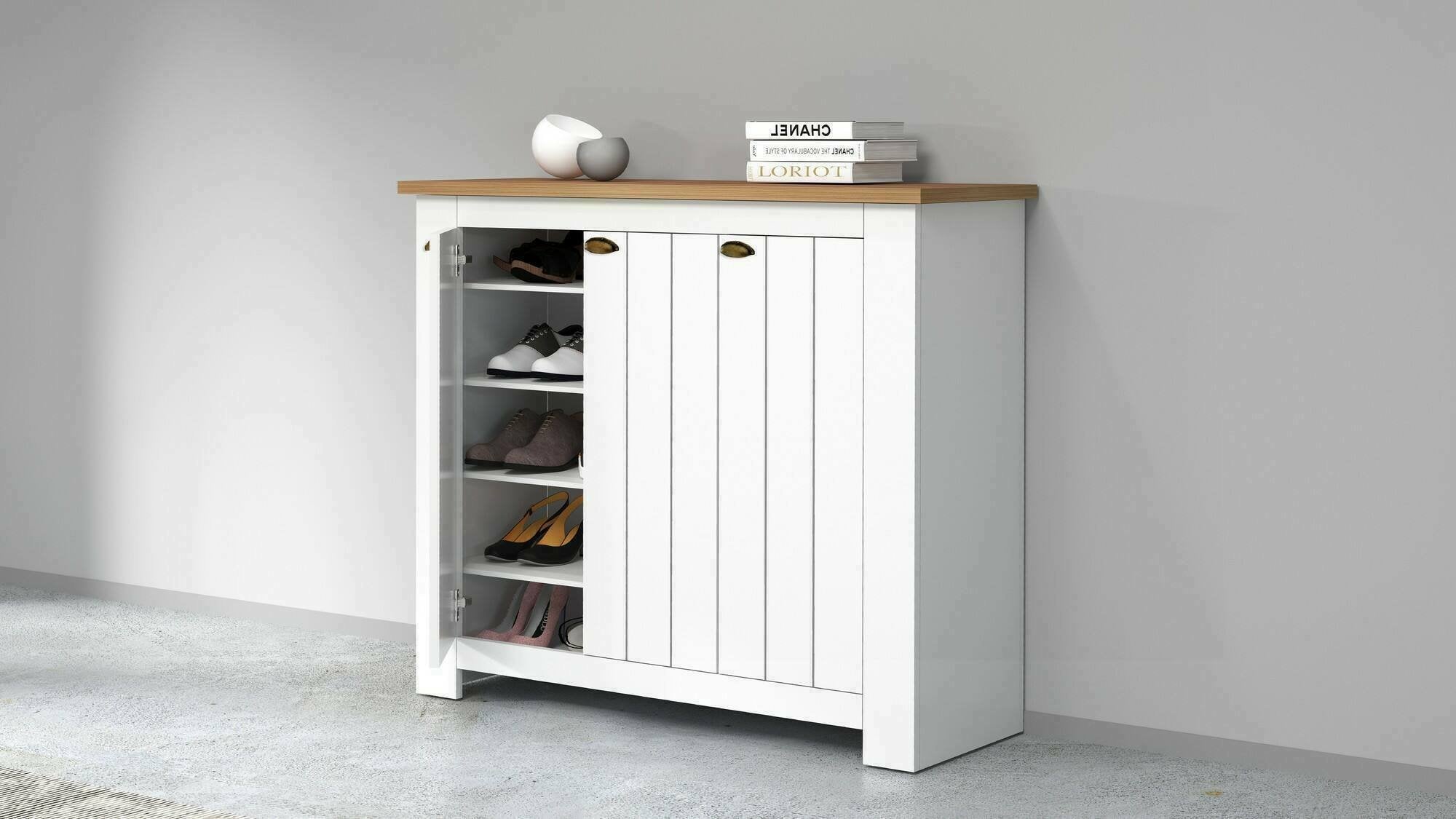 Scarpiera Seprio, Porta scarpe salvaspazio a 3 ante, Armadio multifunzione da ingresso, 114x42h100 cm, Bianco e Rovere