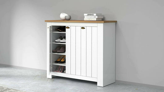 Scarpiera Seprio, Porta scarpe salvaspazio a 3 ante, Armadio multifunzione da ingresso, 114x42h100 cm, Bianco e Rovere
