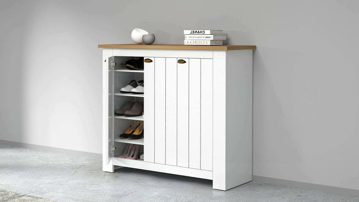 Scarpiera Seprio, Porta scarpe salvaspazio a 3 ante, Armadio multifunzione da ingresso, 114x42h100 cm, Bianco e Rovere