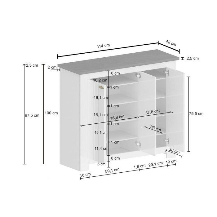 Scarpiera Seprio, Porta scarpe salvaspazio a 3 ante, Armadio multifunzione da ingresso, 114x42h100 cm, Bianco e Ardesia