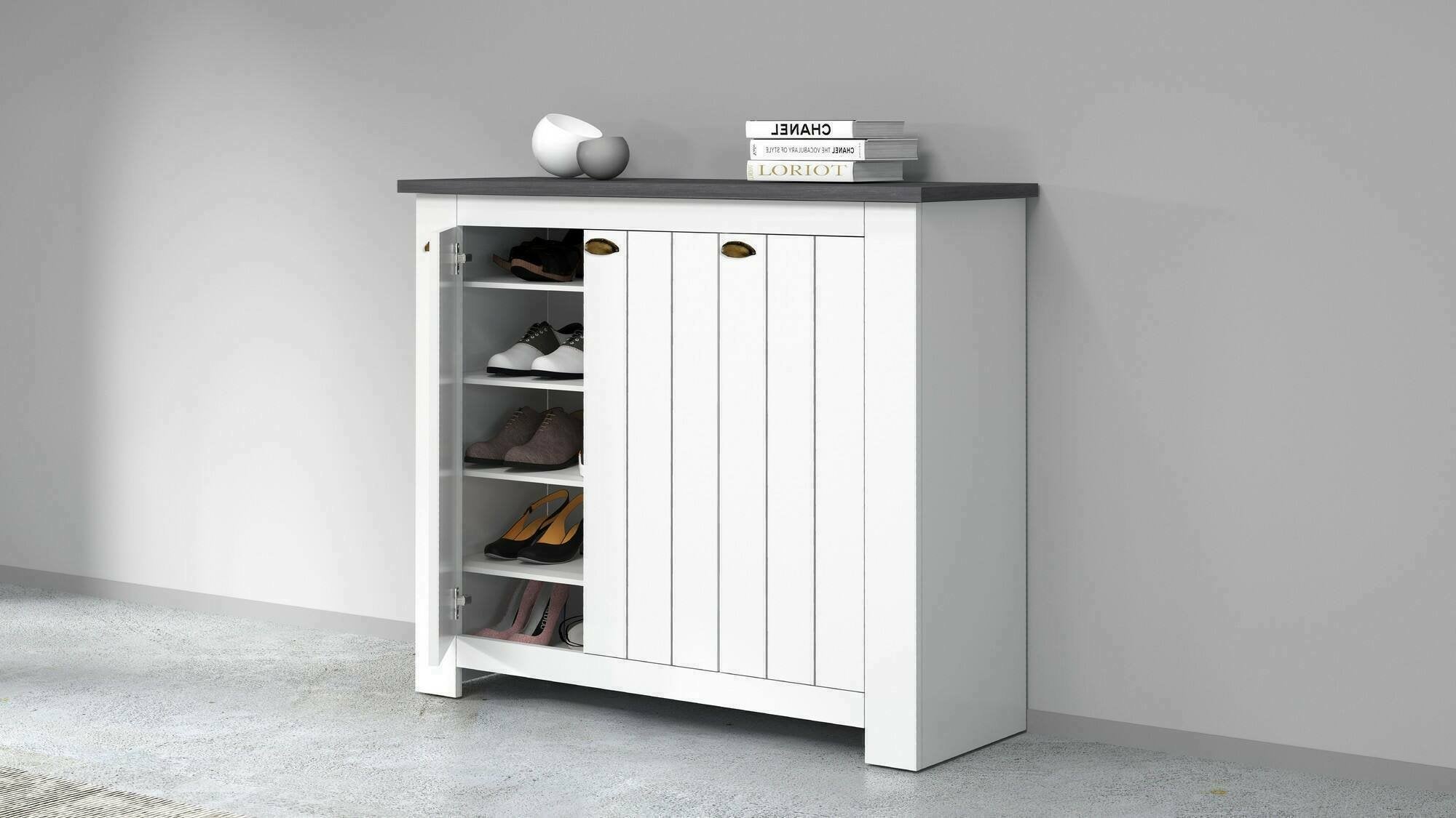 Scarpiera Seprio, Porta scarpe salvaspazio a 3 ante, Armadio multifunzione da ingresso, 114x42h100 cm, Bianco e Ardesia