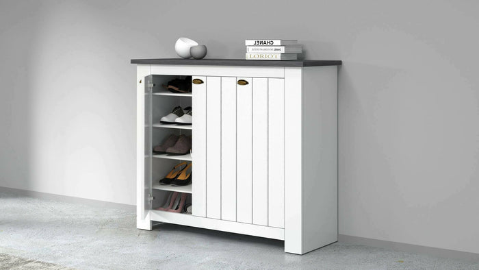 Scarpiera Seprio, Porta scarpe salvaspazio a 3 ante, Armadio multifunzione da ingresso, 114x42h100 cm, Bianco e Ardesia