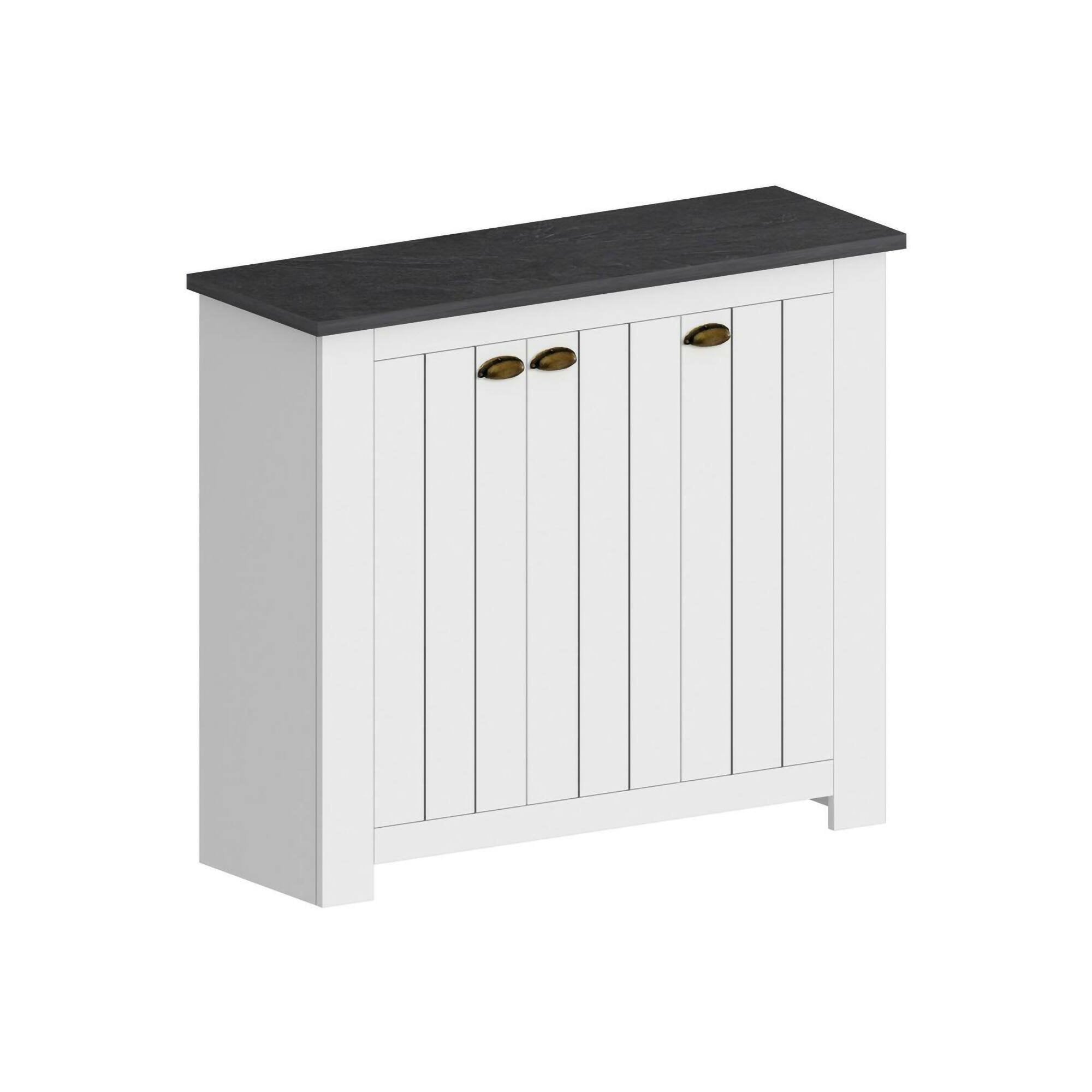 Scarpiera Seprio, Porta scarpe salvaspazio a 3 ante, Armadio multifunzione da ingresso, 114x42h100 cm, Bianco e Ardesia