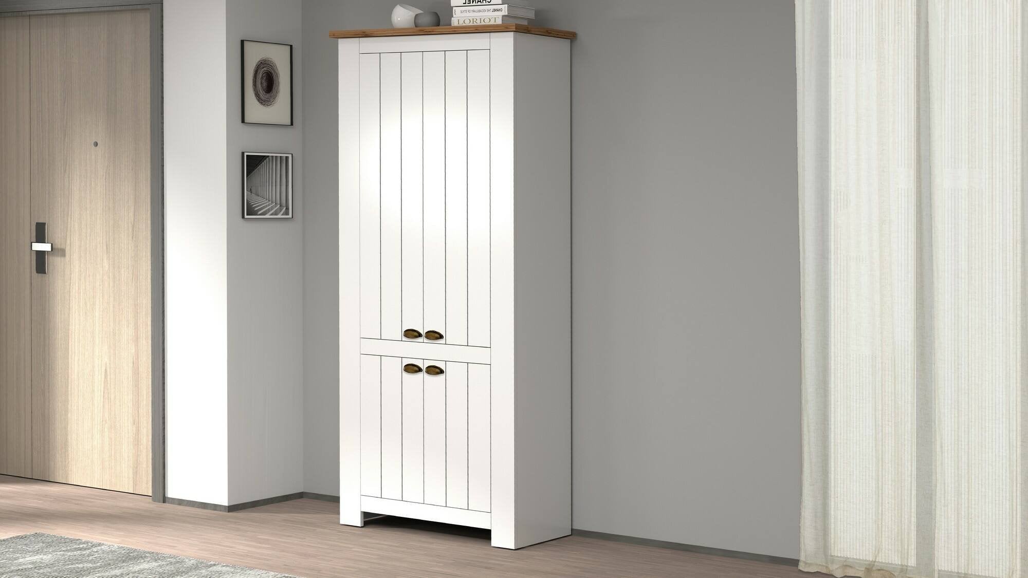 Scarpiera Shirley, Porta scarpe salvaspazio a 4 ante, Armadio multifunzione da ingresso, 84x42h200 cm, Bianco e Rovere