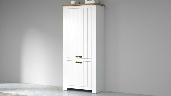 Scarpiera Shirley, Porta scarpe salvaspazio a 4 ante, Armadio multifunzione da ingresso, 84x42h200 cm, Bianco e Rovere