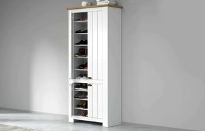 Scarpiera Shirley, Porta scarpe salvaspazio a 4 ante, Armadio multifunzione da ingresso, 84x42h200 cm, Bianco e Rovere