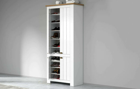 Scarpiera Shirley, Porta scarpe salvaspazio a 4 ante, Armadio multifunzione da ingresso, 84x42h200 cm, Bianco e Rovere