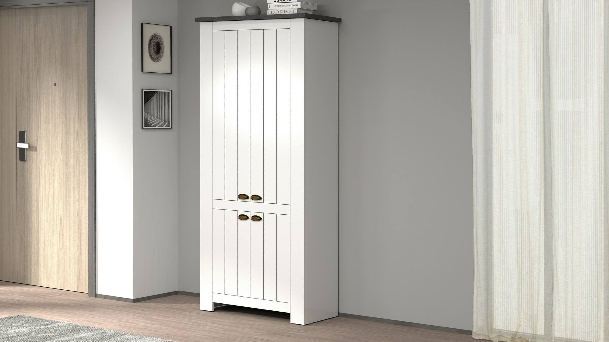 Scarpiera Shirley, Porta scarpe salvaspazio a 4 ante, Armadio multifunzione da ingresso, 84x42h200 cm, Bianco e Ardesia