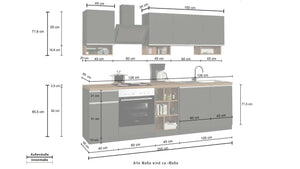 Cucina completa Attimis, Cucina pratica e salvaspazio, Parete da cucina con 7 ante e 1 cassetto, 100% Made in Italy, 255x60h85 cm, Bianco lucido e Rovere
