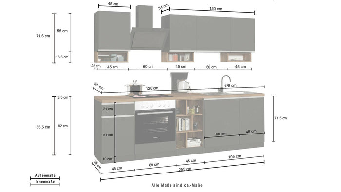 Cucina completa Attimis, Cucina pratica e salvaspazio, Parete da cucina con 7 ante e 1 cassetto, 100% Made in Italy, 255x60h85 cm, Bianco lucido e Rovere