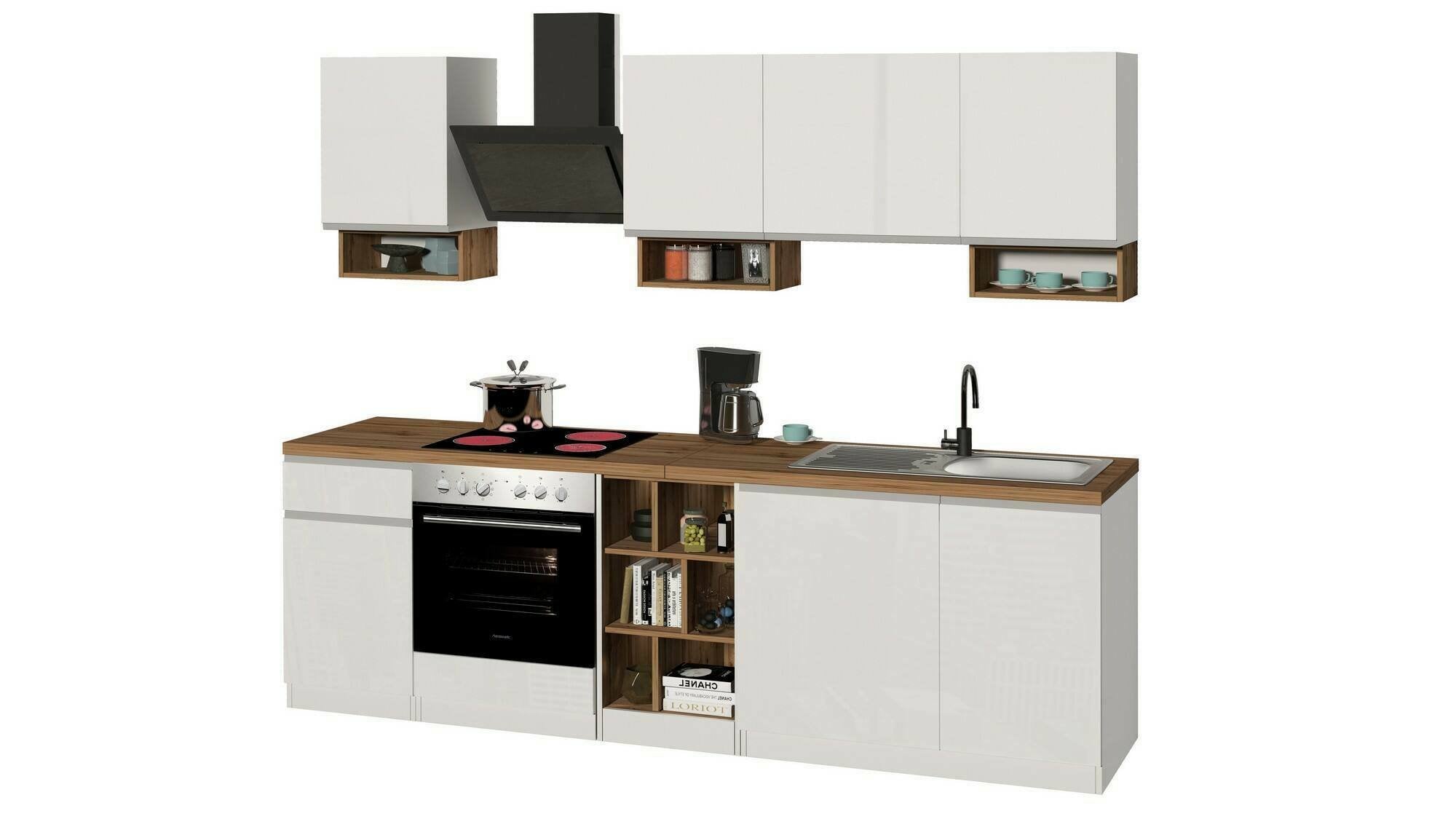 Cucina completa Attimis, Cucina pratica e salvaspazio, Parete da cucina con 7 ante e 1 cassetto, 100% Made in Italy, 255x60h85 cm, Bianco lucido e Rovere