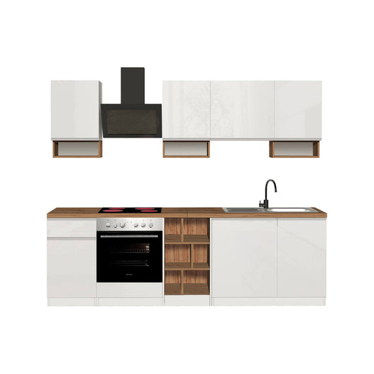 Cucina completa Attimis, Cucina pratica e salvaspazio, Parete da cucina con 7 ante e 1 cassetto, 100% Made in Italy, 255x60h85 cm, Bianco lucido e Rovere