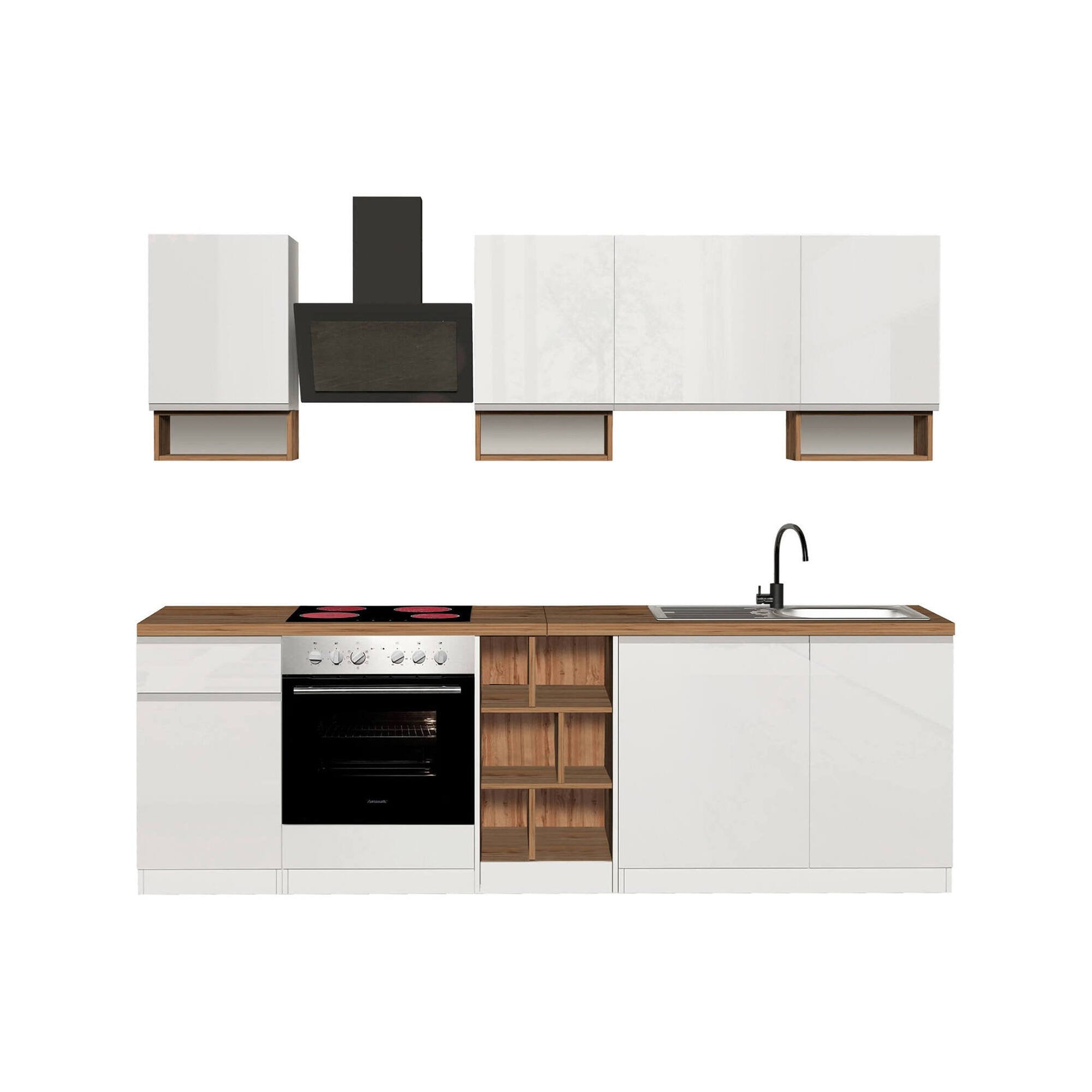 Cucina completa Attimis, Cucina pratica e salvaspazio, Parete da cucina con 7 ante e 1 cassetto, 100% Made in Italy, 255x60h85 cm, Bianco lucido e Rovere