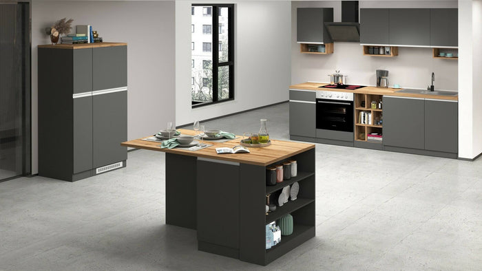 Cucina completa Attimis, Cucina pratica e salvaspazio, Parete da cucina con 7 ante e 1 cassetto, 100% Made in Italy, 255x60h85 cm, Antracite e Rovere