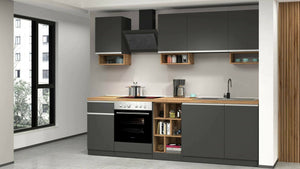Cucina completa Attimis, Cucina pratica e salvaspazio, Parete da cucina con 7 ante e 1 cassetto, 100% Made in Italy, 255x60h85 cm, Antracite e Rovere