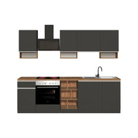 Cucina completa Attimis, Cucina pratica e salvaspazio, Parete da cucina con 7 ante e 1 cassetto, 100% Made in Italy, 255x60h85 cm, Antracite e Rovere