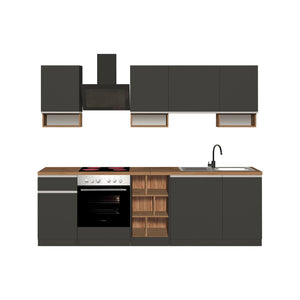 Cucina completa Attimis, Cucina pratica e salvaspazio, Parete da cucina con 7 ante e 1 cassetto, 100% Made in Italy, 255x60h85 cm, Antracite e Rovere