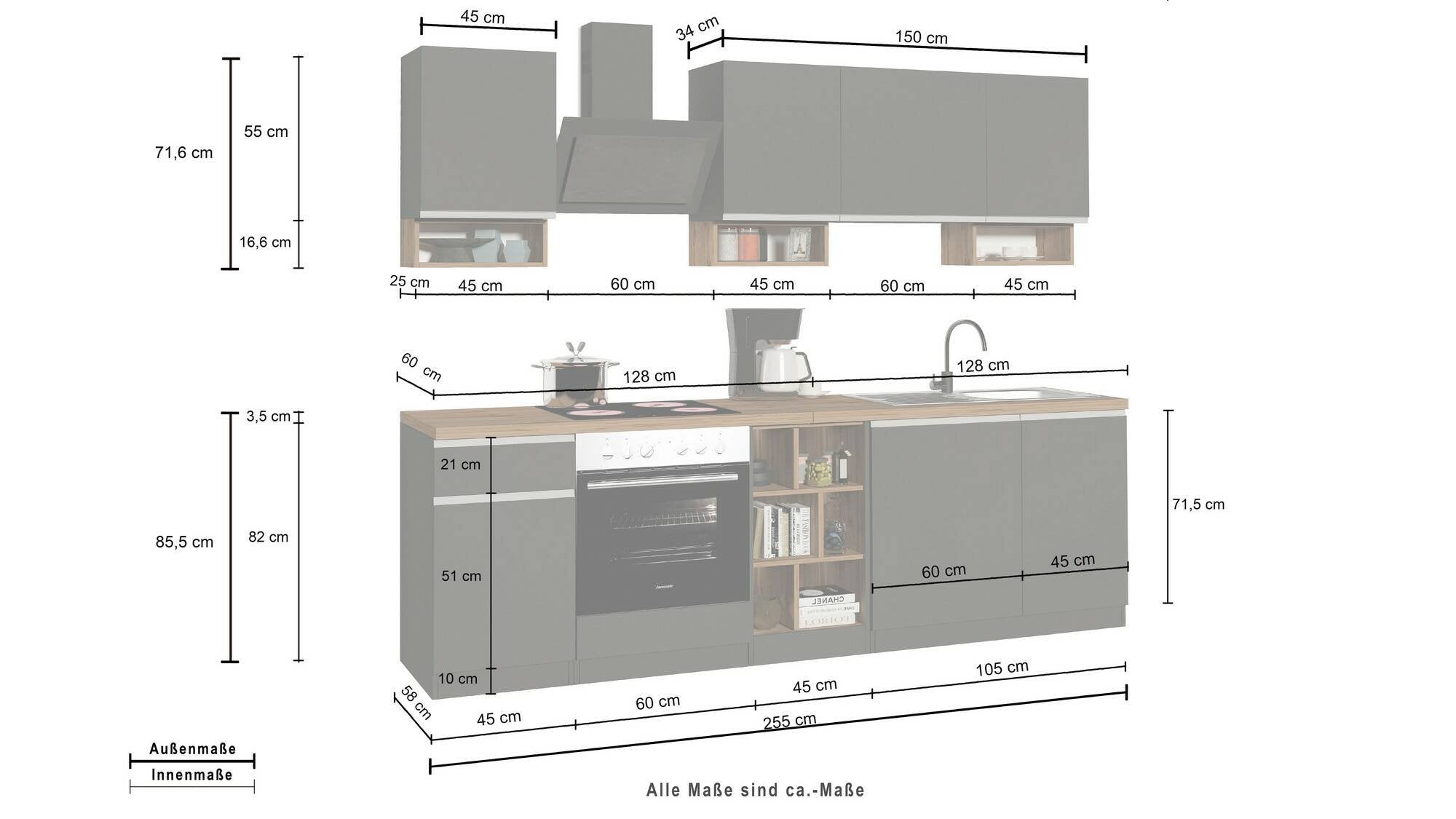 Cucina completa Attimis, Cucina pratica e salvaspazio, Parete da cucina con 7 ante e 1 cassetto, 100% Made in Italy, 255x60h85 cm, Antracite e Ardesia