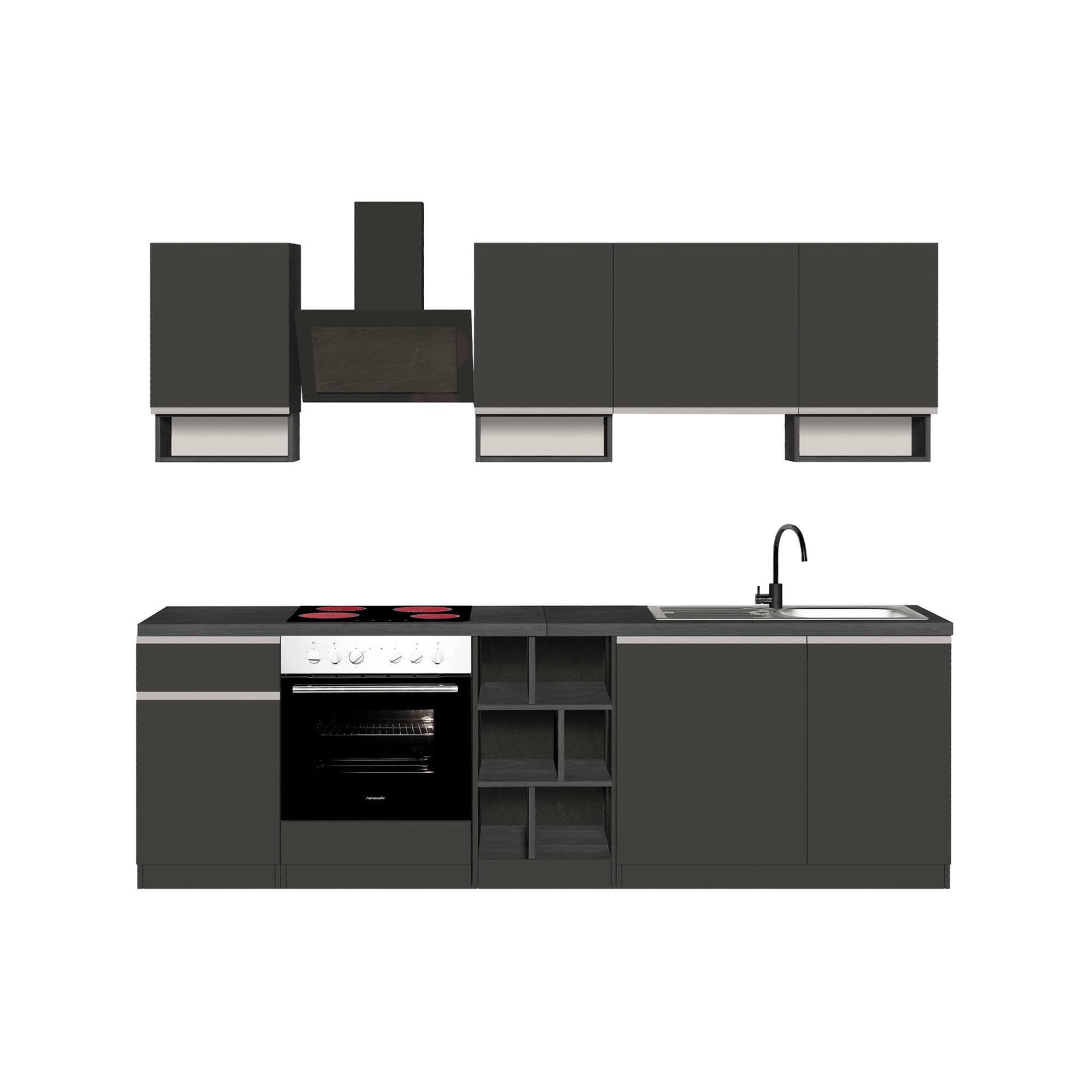 Cucina completa Attimis, Cucina pratica e salvaspazio, Parete da cucina con 7 ante e 1 cassetto, 100% Made in Italy, 255x60h85 cm, Antracite e Ardesia