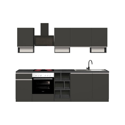 Cucina completa Attimis, Cucina pratica e salvaspazio, Parete da cucina con 7 ante e 1 cassetto, 100% Made in Italy, 255x60h85 cm, Antracite e Ardesia