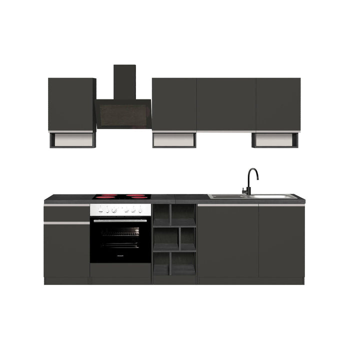Cucina completa Attimis, Cucina pratica e salvaspazio, Parete da cucina con 7 ante e 1 cassetto, 100% Made in Italy, 255x60h85 cm, Antracite e Ardesia