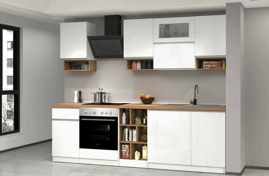 Cucina completa Attiko, Cucina pratica e salvaspazio, Parete da cucina con 8 ante e 1 cassetto, 100% Made in Italy, 255x60h85 cm, Bianco lucido e Rovere