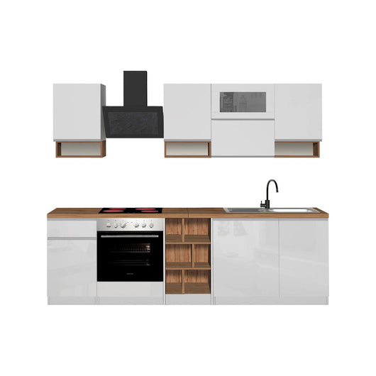 Cucina completa Attiko, Cucina pratica e salvaspazio, Parete da cucina con 8 ante e 1 cassetto, 100% Made in Italy, 255x60h85 cm, Bianco lucido e Rovere