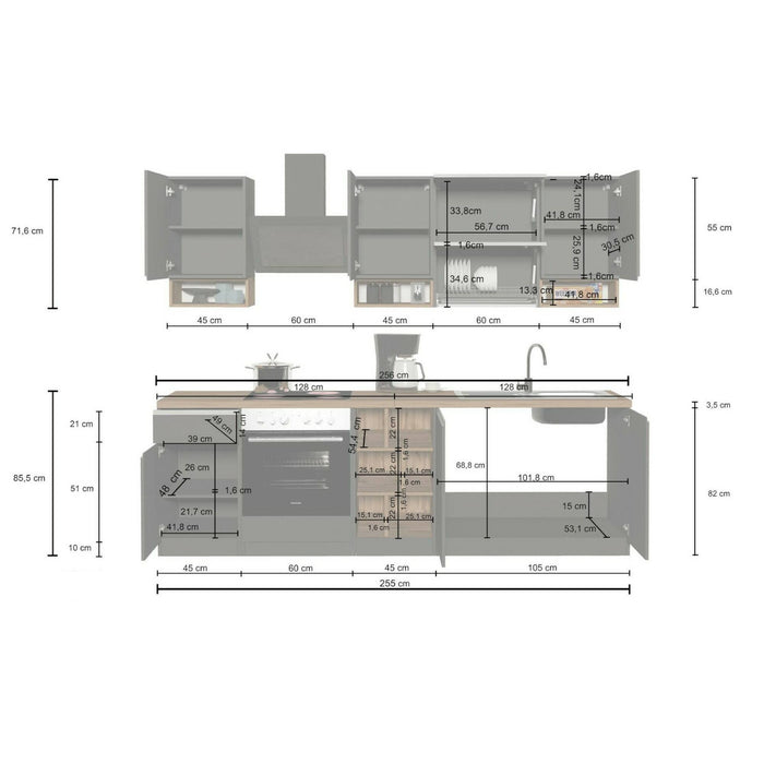 Cucina completa Attiko, Cucina pratica e salvaspazio, Parete da cucina con 8 ante e 1 cassetto, 100% Made in Italy, 255x60h85 cm, Bianco lucido e Ardesia