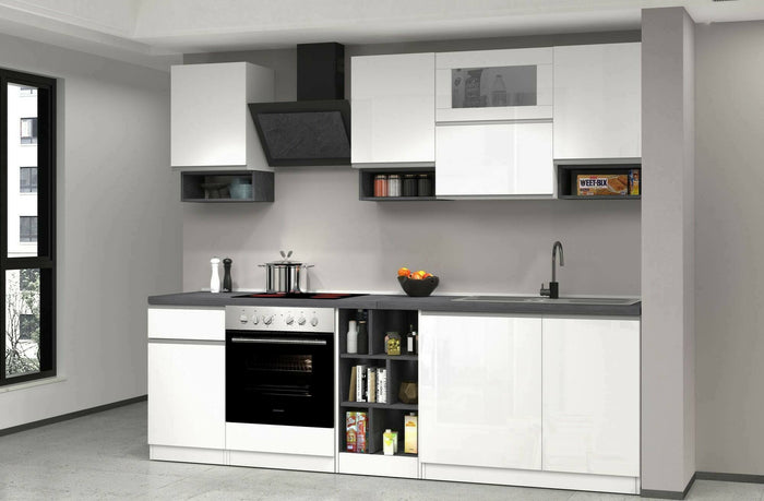 Cucina completa Attiko, Cucina pratica e salvaspazio, Parete da cucina con 8 ante e 1 cassetto, 100% Made in Italy, 255x60h85 cm, Bianco lucido e Ardesia