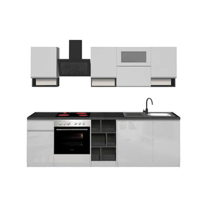 Cucina completa Attiko, Cucina pratica e salvaspazio, Parete da cucina con 8 ante e 1 cassetto, 100% Made in Italy, 255x60h85 cm, Bianco lucido e Ardesia