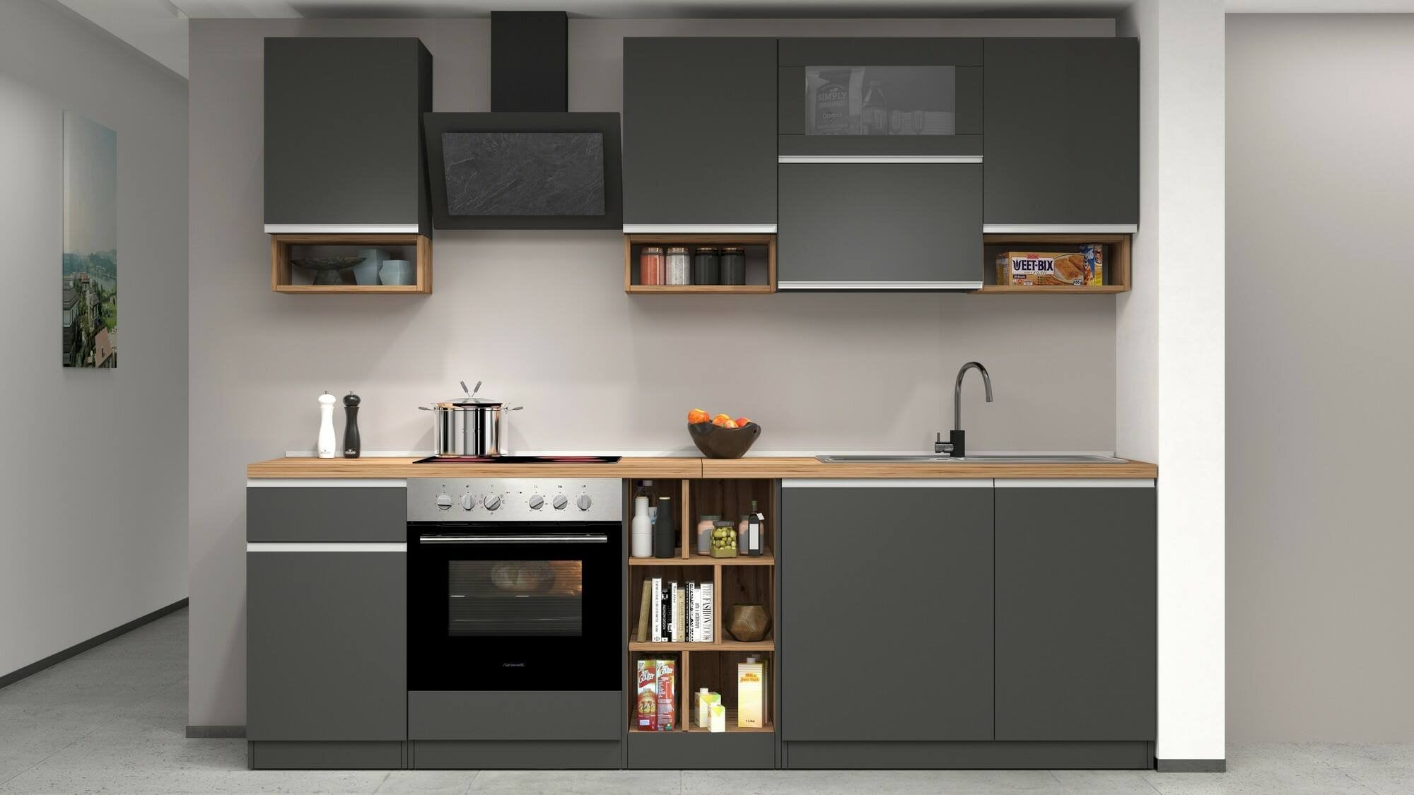 Cucina completa Attiko, Cucina pratica e salvaspazio, Parete da cucina con 8 ante e 1 cassetto, 100% Made in Italy, 255x60h85 cm, Antracite e Rovere