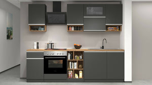 Cucina completa Attiko, Cucina pratica e salvaspazio, Parete da cucina con 8 ante e 1 cassetto, 100% Made in Italy, 255x60h85 cm, Antracite e Rovere