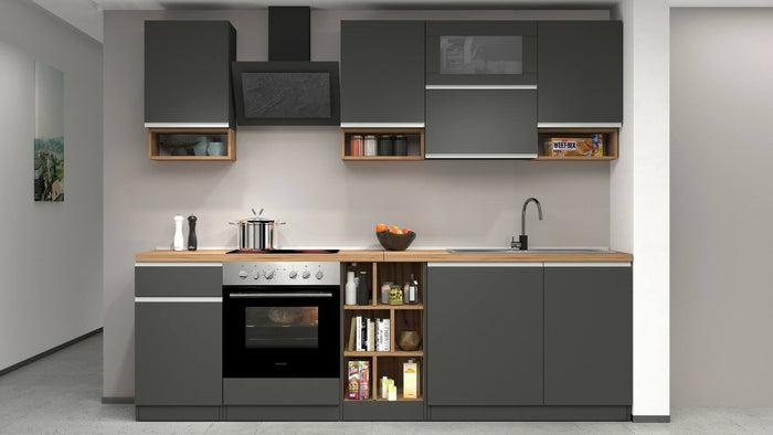 Cucina completa Attiko, Cucina pratica e salvaspazio, Parete da cucina con 8 ante e 1 cassetto, 100% Made in Italy, 255x60h85 cm, Antracite e Rovere