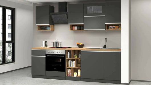 Cucina completa Attiko, Cucina pratica e salvaspazio, Parete da cucina con 8 ante e 1 cassetto, 100% Made in Italy, 255x60h85 cm, Antracite e Rovere