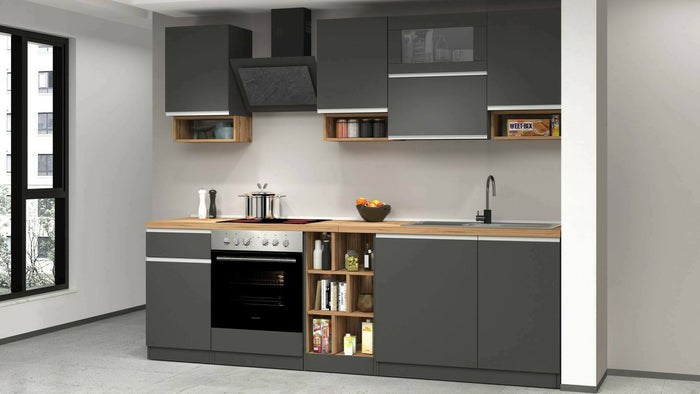Cucina completa Attiko, Cucina pratica e salvaspazio, Parete da cucina con 8 ante e 1 cassetto, 100% Made in Italy, 255x60h85 cm, Antracite e Rovere