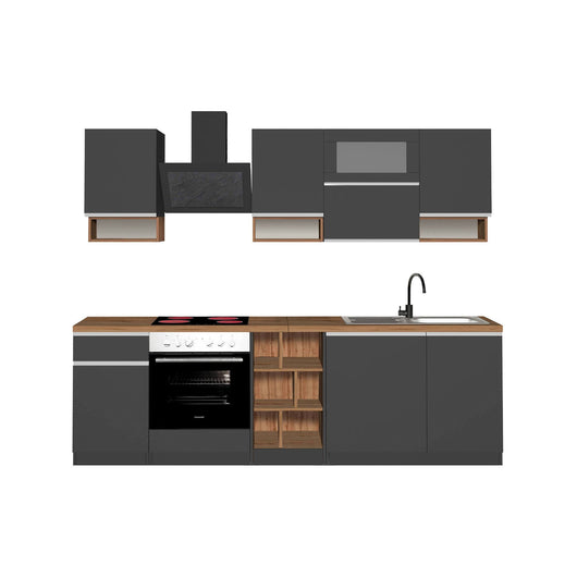 Cucina completa Attiko, Cucina pratica e salvaspazio, Parete da cucina con 8 ante e 1 cassetto, 100% Made in Italy, 255x60h85 cm, Antracite e Rovere