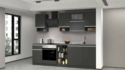 Cucina completa Attiko, Cucina pratica e salvaspazio, Parete da cucina con 8 ante e 1 cassetto, 100% Made in Italy, 255x60h85 cm, Antracite e Ardesia