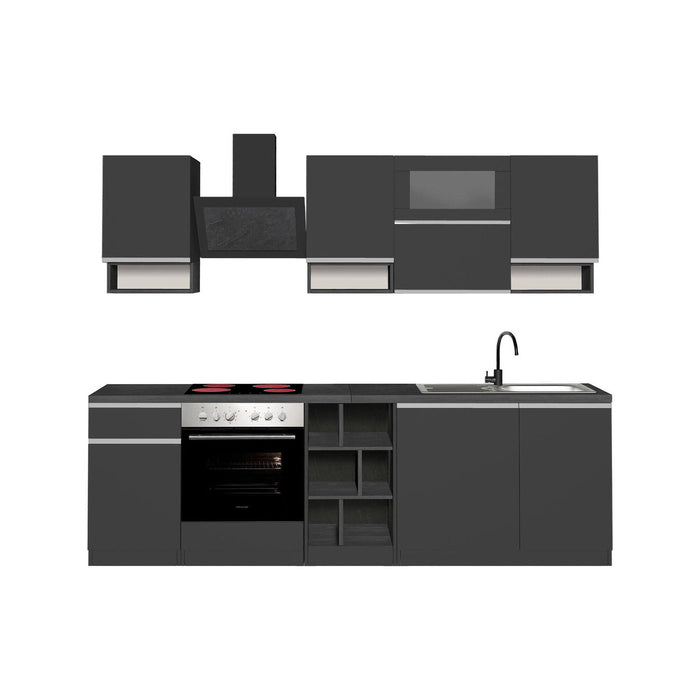 Cucina completa Attiko, Cucina pratica e salvaspazio, Parete da cucina con 8 ante e 1 cassetto, 100% Made in Italy, 255x60h85 cm, Antracite e Ardesia