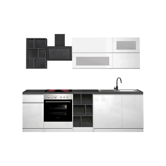Cucina completa Fonti, Cucina pratica e salvaspazio, Parete da cucina con 5 ante e 1 cassetto, 100% Made in Italy, 255x60h85 cm, Bianco lucido e Ardesia