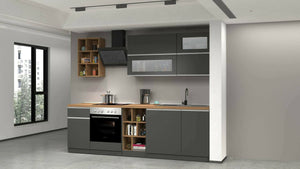 Cucina completa Fonti, Cucina pratica e salvaspazio, Parete da cucina con 5 ante e 1 cassetto, 100% Made in Italy, 255x60h85 cm, Antracite e Rovere