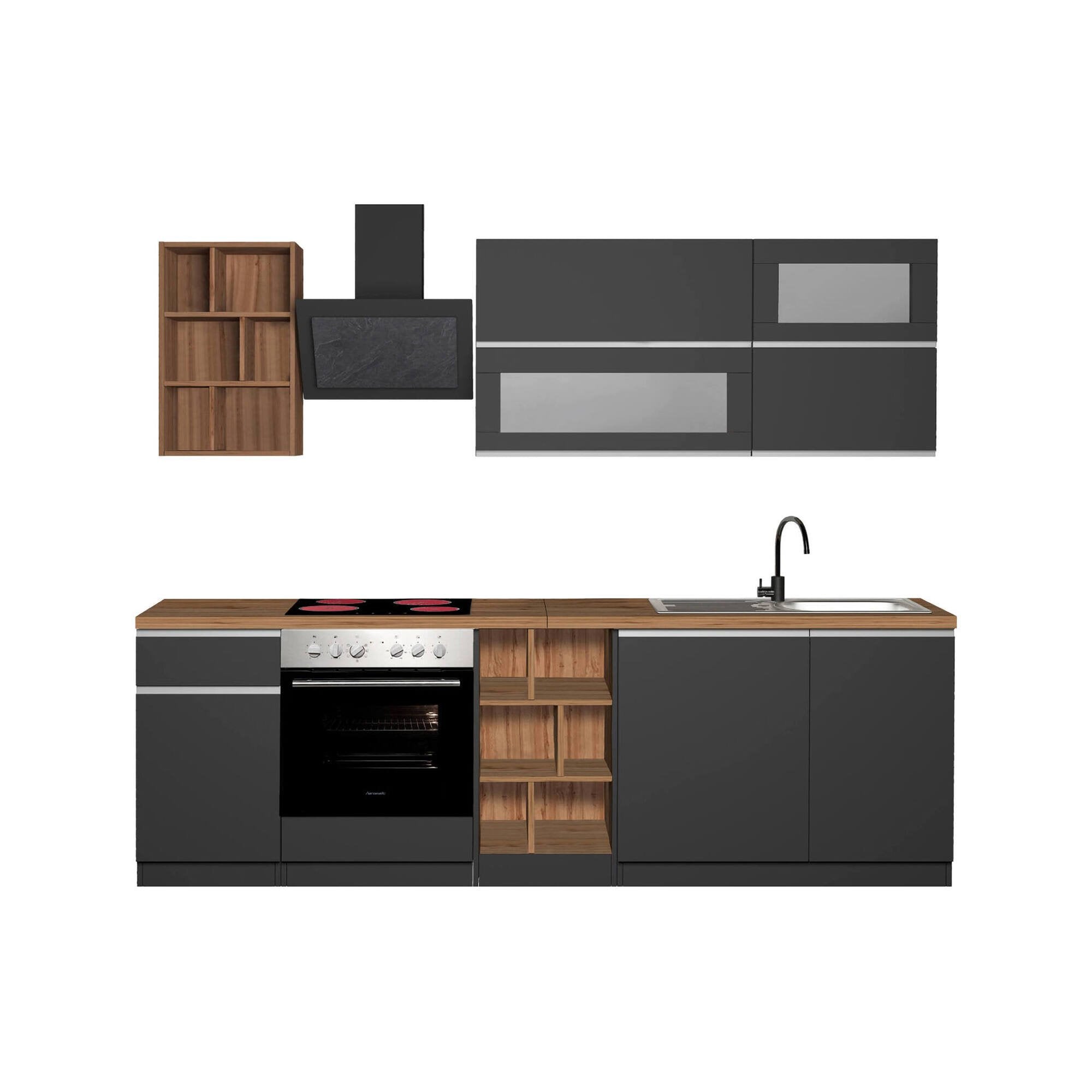 Cucina completa Fonti, Cucina pratica e salvaspazio, Parete da cucina con 5 ante e 1 cassetto, 100% Made in Italy, 255x60h85 cm, Antracite e Rovere