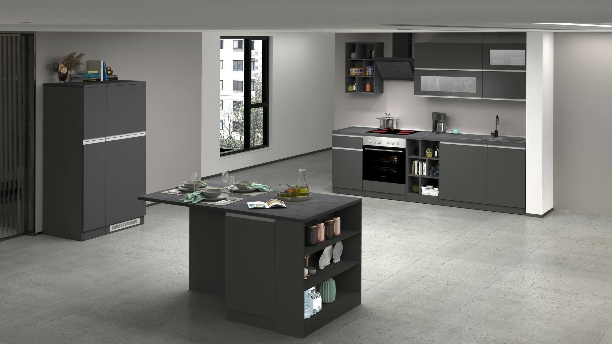 Cucina completa Fonti, Cucina pratica e salvaspazio, Parete da cucina con 5 ante e 1 cassetto, 100% Made in Italy, 255x60h85 cm, Antracite e Ardesia