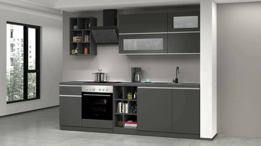 Cucina completa Fonti, Cucina pratica e salvaspazio, Parete da cucina con 5 ante e 1 cassetto, 100% Made in Italy, 255x60h85 cm, Antracite e Ardesia