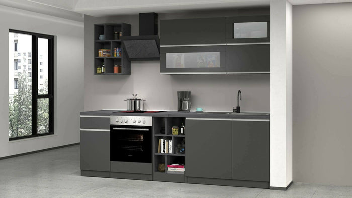 Cucina completa Fonti, Cucina pratica e salvaspazio, Parete da cucina con 5 ante e 1 cassetto, 100% Made in Italy, 255x60h85 cm, Antracite e Ardesia