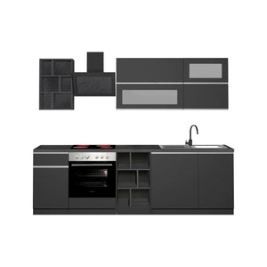 Cucina completa Fonti, Cucina pratica e salvaspazio, Parete da cucina con 5 ante e 1 cassetto, 100% Made in Italy, 255x60h85 cm, Antracite e Ardesia