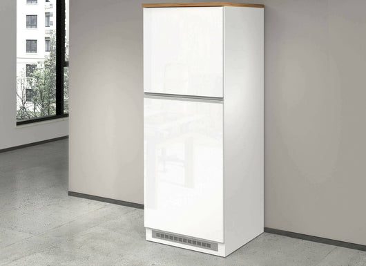 Dispensa da cucina Mesarthim, Mobile multiuso, Armadio porta frigo a 2 ante, 100% Made in Italy, 60x60h165 cm, Bianco lucido e Rovere