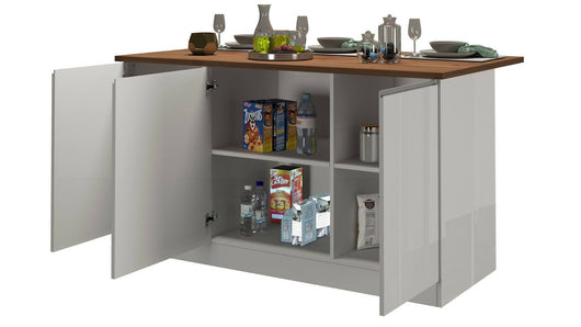 Isola da cucina Tartaro, Tavolo ausiliario portaoggetti, Mobile da cucina a 3 ante, 100% Made in Italy, 155x90h90 cm, Bianco lucido e Rovere