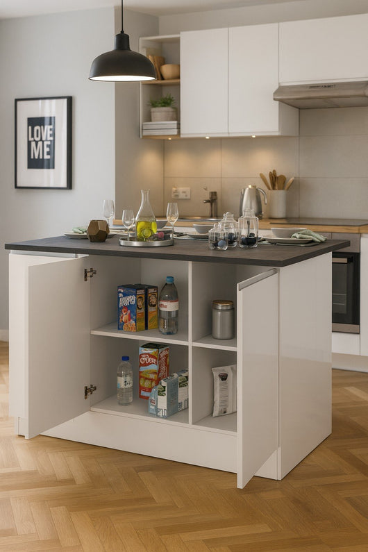 Isola da cucina Tartaro, Tavolo ausiliario portaoggetti, Mobile da cucina a 3 ante, 100% Made in Italy, 155x90h90 cm, Bianco lucido e Ardesia