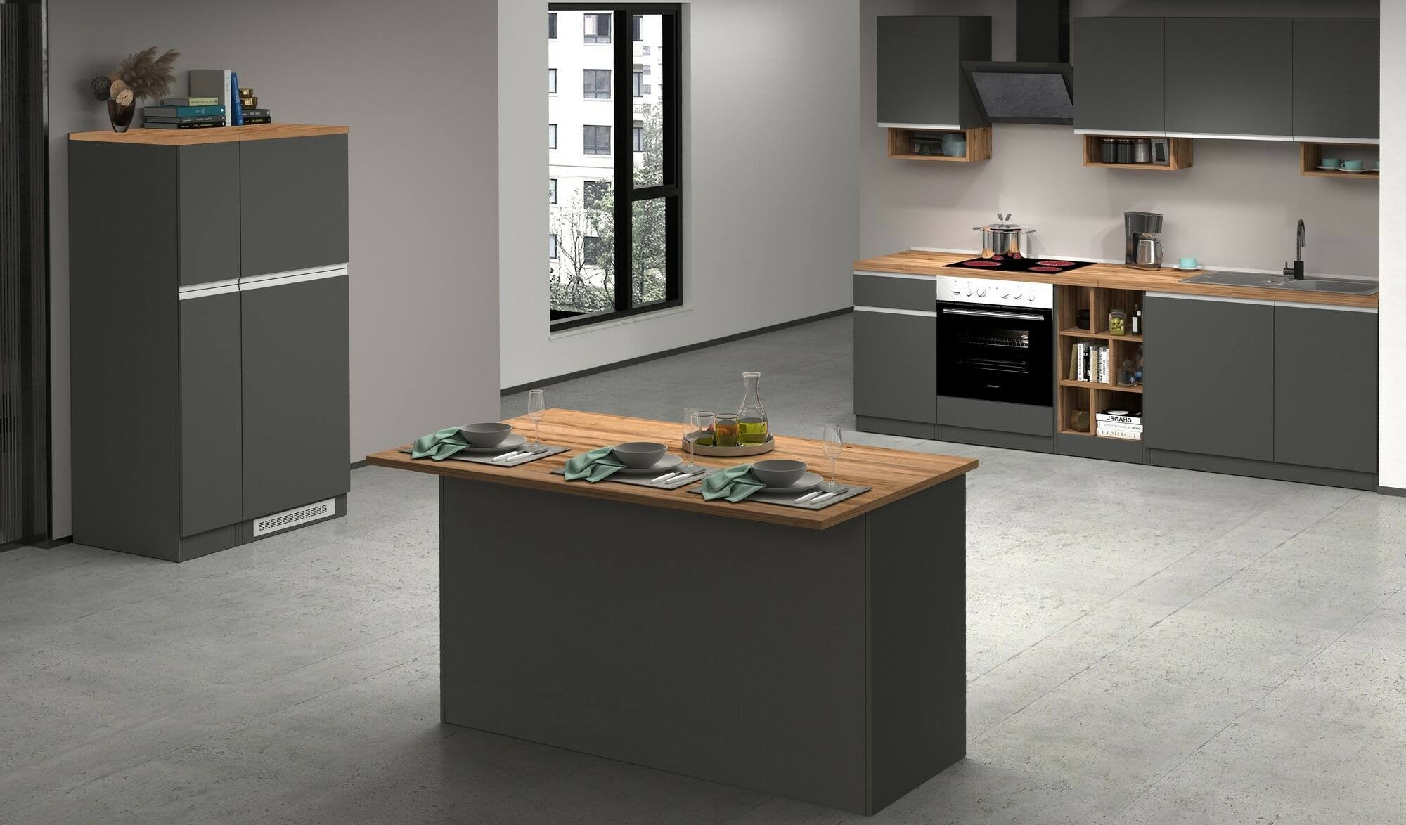 Isola da cucina Tartaro, Tavolo ausiliario portaoggetti, Mobile da cucina a 3 ante, 100% Made in Italy, 155x90h90 cm, Antracite e Rovere