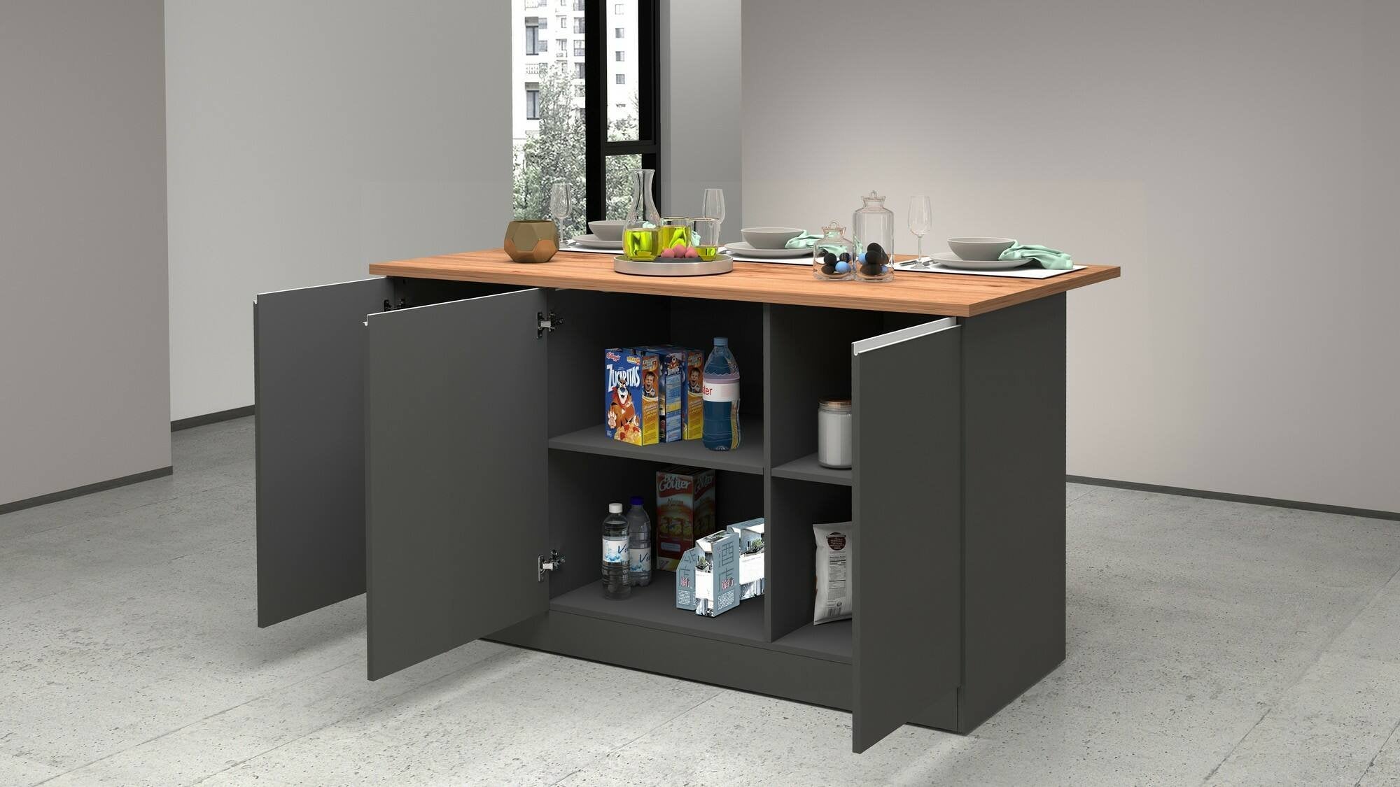 Isola da cucina Tartaro, Tavolo ausiliario portaoggetti, Mobile da cucina a 3 ante, 100% Made in Italy, 155x90h90 cm, Antracite e Rovere